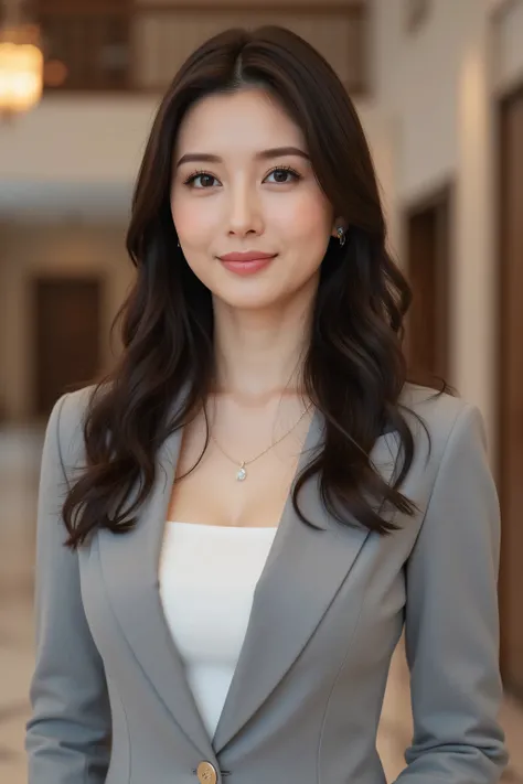 (top quality、best masterpiece、8k、best image quality、winning works)、( beautiful 30 year old woman :1.1)、(Elegant long wavy hair showing forehead:1.3)、dark haired、big breasts、glamorous body、(Elegant Grey Business Suit:1.3)、(Elegant U-neck white inner shirt:1...