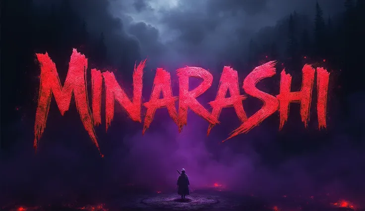 "Create an epic cover with the text 'MINARASHI' highlighted. The style of the letters must be ninja, aggressive and stylish, with a sharp appearance like blades, inspired by Japanese runes and brush calligraphy, yet modern . Add red and purple energy effec...