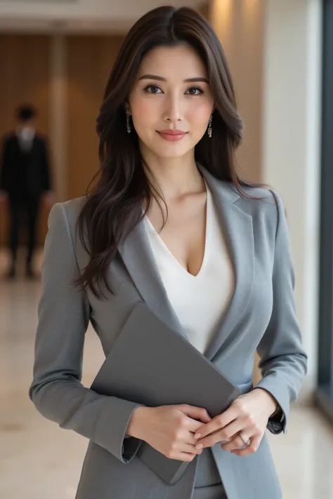 (top quality、best masterpiece、8k、best image quality、winning works)、( beautiful 30 year old woman :1.1)、(Elegant long wavy hair showing forehead:1.3)、dark haired、big breasts、glamorous body、(Elegant Grey Business Suit:1.3)、(Elegant U-neck white inner shirt:1...
