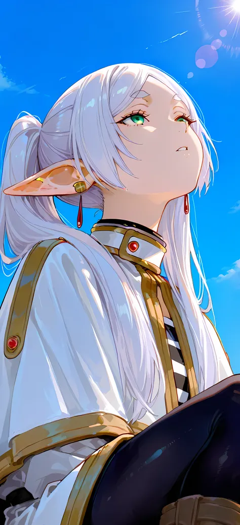 lens flare,748cmstyle,frieren, elf, capelet, black pantyhose, boots, striped,masterpiece, best quality, ultra-detailed anime style, 1girl, Frieren, long flowing white hair in low ponytail, elf ears, green eyes, extreme low-angle shot from below, looking up...
