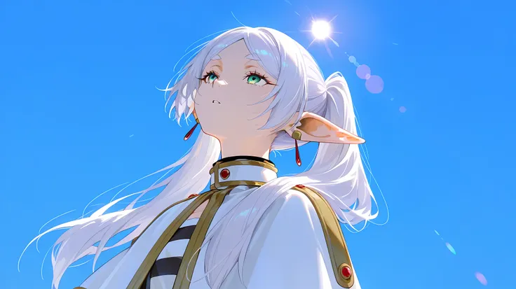 lens flare,748cmstyle,frieren, elf, capelet, striped,masterpiece, best quality, ultra-detailed anime style, 1girl, Frieren, long flowing white hair in low ponytail, hair physics perfect, strands flowing gracefully, elf ears, green eyes, extreme low-angle s...