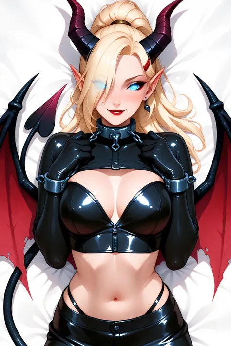 wcsuccubus, horns, wings, pointy ears, glowing eyes,  demon girl,  demon tail, black latex cropt top, black latex pencil mini skirt,  Ino Yamanaka, 1girl, solo, blonde hair, long hair, ponytail, hair over one eye, blue eyes, small earings, red hairclip, me...