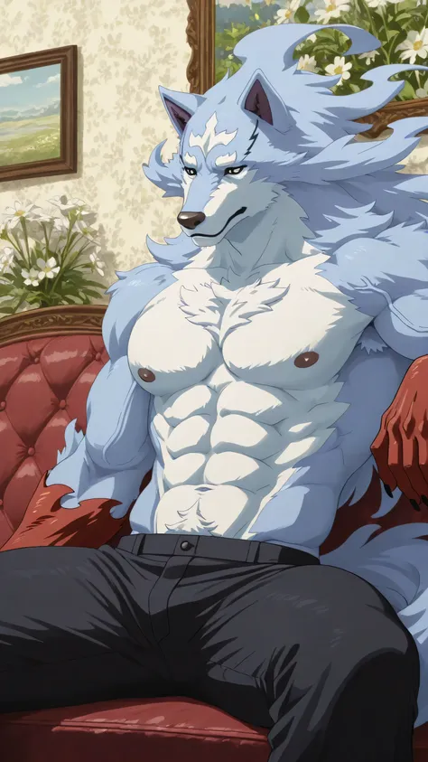Great Show,best quality, amazing quality,1boy,Blooms Alone,Wolf,systolic,sitting, On the sofa, muscle, chest muscle, chest hair, wearing black pants, Arms at your sides ,Bedroom Wallpaper,Wolf claw,black nail,not wearing a shirt, Open chest,Blue body feath...