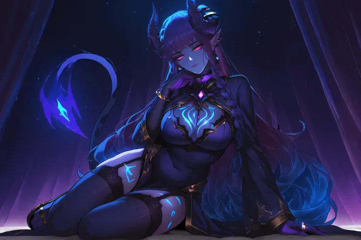 ((inspired by fantasy)),(((masterpiece)), ((best quality)),((ultra detail)),),beautiful-woman, ((detailed face)),((detailed body)),(full body:1.3).



(((demon woman))), ((pointed ears)),(dragon’s horns attached to the head), backward-curved horns, ((purpl...