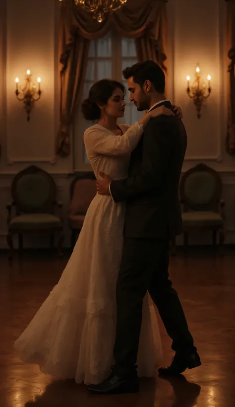 A vintage-styled couple dancing in a candle-lit ballroom, surrounded by empty chairs and fading music. The scene conveys memory and melancholy, painted in textured digital oil style. Warm lighting, aged color palette, attention to clothing folds and facial...