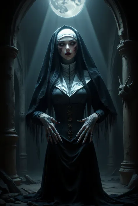 best quality, photography, finely detailed, malevolent nun with beautiful yet terrifying face, voluptuous figure with large firm breasts, deep cleavage accentuated by tight black corset under habit, perfect body proportions, blood-stained white wimple, dar...