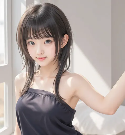 (Luxury),((PHOTO QUALITY)),(thin body),Thin Arms,twin tails,white shoulders,((best image quality)),(elementary school student),girl,(perfect face),tank top