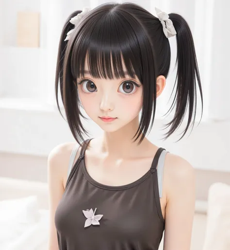 (Luxury),((PHOTO QUALITY)),(thin body),Thin Arms,twin tails,white shoulders,((best image quality)),(elementary school student),girl,(perfect face),tank top