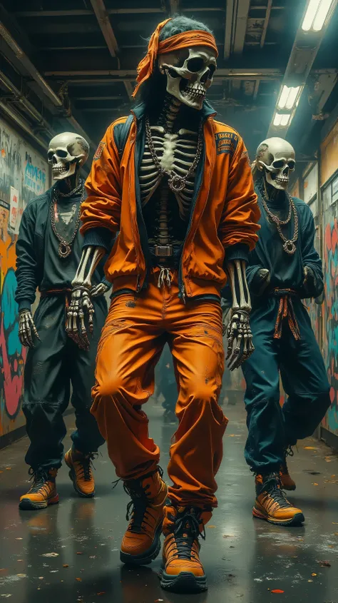 Hyperrealistic image of a human skeleton dressed in 1980s-style hip-hop clothing: a bright-colored tracksuit, oversized sneakers, and a sideways baseball cap. The skeleton is dancing toward the camera in a New York City subway station, performing breakdanc...