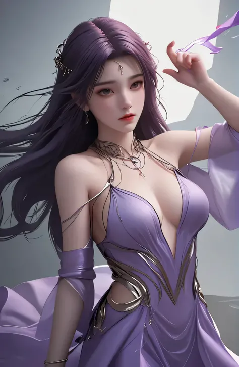 cowboy_shot,portrait,ultra realisticmasterpiece,best quality,1girl,long hair,jewelry,purple hair,purple dress,bare shoulders,cowboy shot,dynamic pose,dynamic angle,<lora:yunxi_V1-000001:1>,