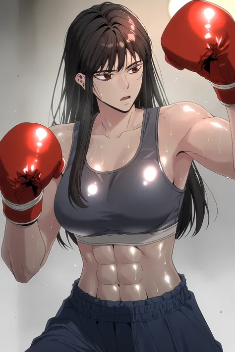 1girl, solo, young mature, ihwa, long hair, red eyes, black hair, ringed eyes, sidelocks, (ringed eyes:0.8), medium breast, toned female, abs, shiny body, sports bra, boxing gloves, sweating, fighting stance, open mouth