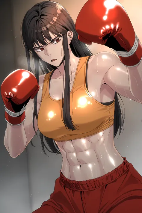1girl, solo, young mature, ihwa, long hair, red eyes, black hair, ringed eyes, sidelocks, (ringed eyes:0.8), medium breast, toned female, abs, shiny body, sports bra, boxing gloves, sweating, fighting stance, open mouth