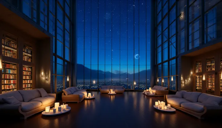 Wide々andした空間に魅惑的なシーンがWideがります, A modern room with a huge, tall glass wall that invites the outside world. At night, envelops the surroundings in deep blue. It's a place where you can soak in both literature and the beauty of an enchanting night, 星空andandもに...