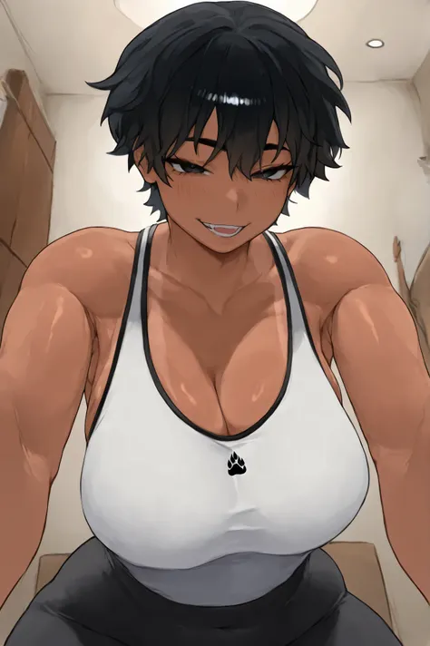  1 Female tomboy(Women of legal age,fit woman),solo, black hair ,Tousled short hair(Hair strands) ,detailed black eyes , (Wears a white tank top with black nike pro at the bottom), Perfectly beautiful brown tanned body, very fine, (highest quality: 1.2 ver...
