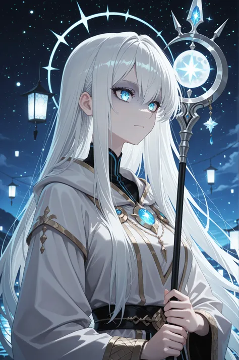(masterpiece, best quality, ultra-detailed, anime style, 8k), close-up portrait of a female moonlight mage, silver-white hair flowing gently, wearing a flowing pale blue and silver robe with moon motifs, holding a crescent-shaped staff emitting soft silver...