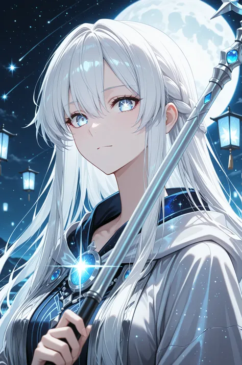 (masterpiece, best quality, ultra-detailed, anime style, 8k), close-up portrait of a female moonlight mage, silver-white hair flowing gently, wearing a flowing pale blue and silver robe with moon motifs, holding a crescent-shaped staff emitting soft silver...