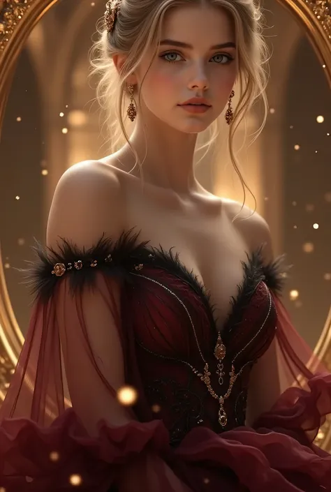 ((Foto Seluruh tubuh)), Very young very pretty teen girl, beauty of an IDOL, ((Focus and emphasis on wearing a very pretty dress and luxurious Burgundy shimmering black motif, sabuk garter seksi, ((Sexy tight black stockings)), Ancient Greek-style flat-sol...