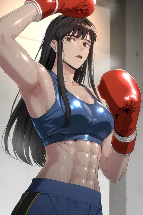 1girl, solo, young mature, ihwa, long hair, red eyes, black hair, ringed eyes, sidelocks, (ringed eyes:0.8), medium breast, toned female, abs, shiny body, sports bra, boxing gloves, sweating, showing armpits,sexy pose, looking at viewer, open mouth