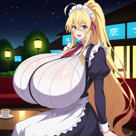 Prompt: score_9, score_8_up, score_7_up, source_anime BREAK 1girl,shiny skin, huge breasts, wide hips, thick thighs ,anime coloring ,source_anime, anime, anime screencap, ahoge, long ahoge, ,((gigantic breasts)),gigantic breasts,night, ,tall, detailed_eyes...