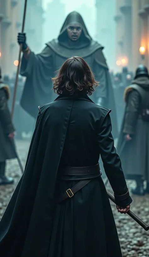 A man with wavy dark brown hair and blue eyes pointing her wand at a man from behind, He is ready to world war. don't show the woman face