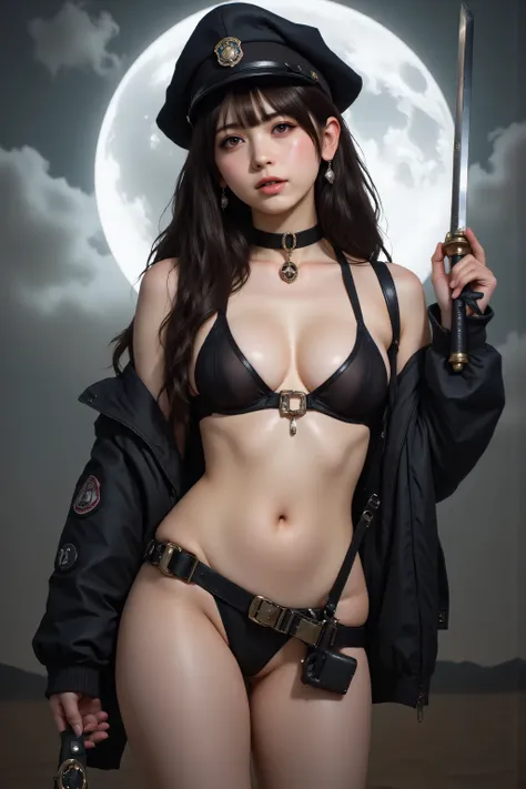 (((Midnight Moon Desert:2.0))),(((Matrix Style Cyberpunk Atmosphere:2.0))),((((Meteor Shower:2.0)))),one woman,((hold a Japanese sword:2.0)),(cute face:1.5),(Beautiful well-balanced face :1.7),((wavy black hair:2.0)),(Beautiful Eyes:1.3),glamorous shot of ...