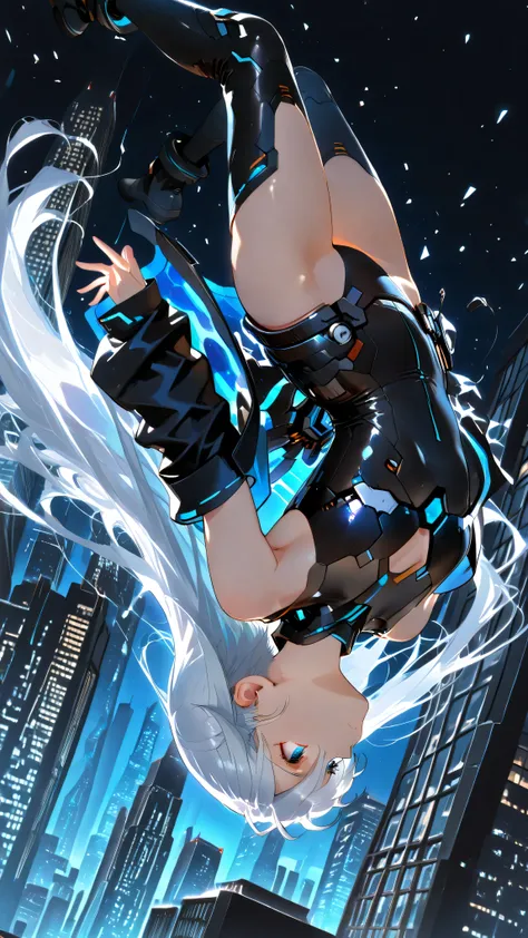 upside-down, backflip,masterpiece, high resolution, an anime girl, armored girl, cute face, detailed face, very long hair, white hair, blue eyes, from below, low angle, from side, skydiving, upside-down, dynamic angle, dynamic action, ((falling down a skys...