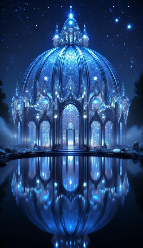 A dome-shaped palace of crystal and glass, floating on a serene lake, reflecting thousands of stars. Moonlight illuminates detailed spires and archways, while subtle magical energy pulses along the edges. Mist rises from the lake, surrounding forests faint...