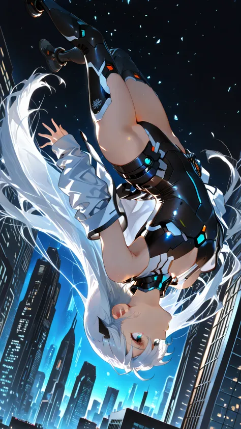 upside-down, backflip,masterpiece, high resolution, an anime girl, armored girl, cute face, detailed face, very long hair, white hair, blue eyes, from below, low angle, from side, skydiving, upside-down, dynamic angle, dynamic action, ((falling down a skys...