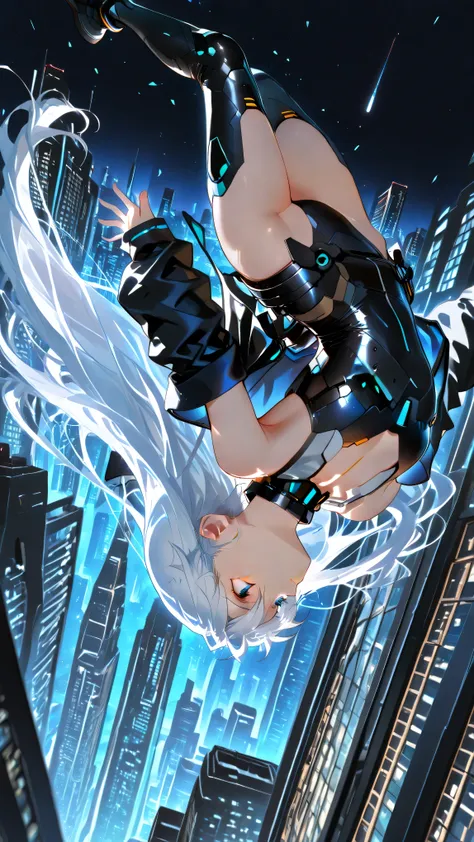 upside-down, backflip,masterpiece, high resolution, an anime girl, armored girl, cute face, detailed face, very long hair, white hair, blue eyes, from below, low angle, from side, skydiving, upside-down, dynamic angle, dynamic action, ((falling down a skys...