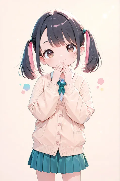 chibi style, 1girl, solo:2, (Surprising), hand over own mouth, (cute smile, round face, Punipuni, Petite), Advanced Texture, pop colors, bokeh, Indoor, Bright Natural Light, (masterpiece, cute pastel color palette, kawaii aesthetic, top quality:1.2),  Mina...
