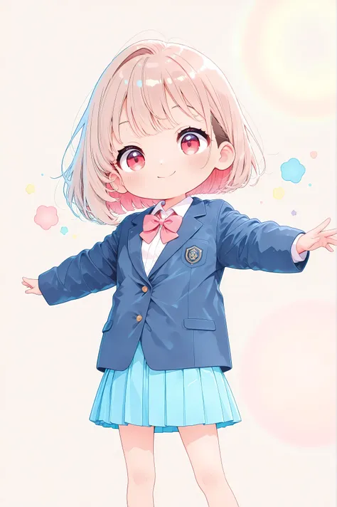 chibi style, 1girl, solo:2, (smile), outstretched arms, (cute smile, round face, Punipuni, Petite), Advanced Texture, pop colors, bokeh, Indoor, Bright Natural Light, (masterpiece, cute pastel color palette, kawaii aesthetic, top quality:1.2), Mirai Edosa...