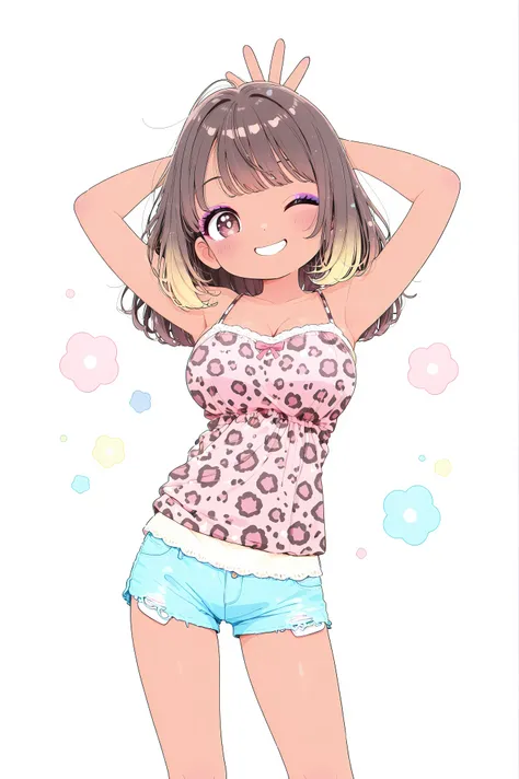chibi style, 1girl, solo:2, (standing grinning, Wink), arms behind head, 4 fingers, (cute smile, round face, Punipuni, Petite), Advanced Texture, pop colors, bokeh, Indoor, Bright Natural Light, (masterpiece, cute pastel color palette, kawaii aesthetic, to...