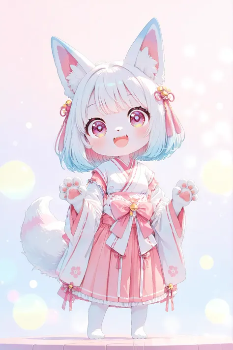 chibi style, 1girl, solo:2, (smile, Open His Mouth), claw pose, 4 fingers, (cute smile, round face, Punipuni, Petite), chibi style:1.4, Advanced Texture, pop colors, bokeh, Indoor, Bright Natural Light, (masterpiece, cute pastel color palette, kawaii aesth...