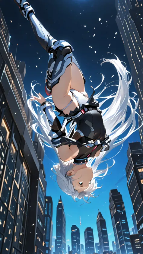 upside-down, backflip,masterpiece, high resolution, an anime girl, armored girl, cute face, detailed face, very long hair, white hair, blue eyes, from below, low angle, from side, skydiving, upside-down, dynamic angle, dynamic action, ((falling down a skys...