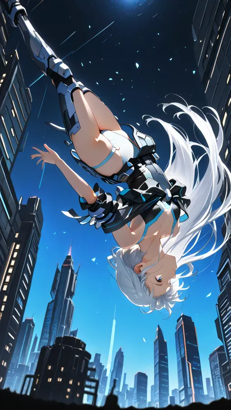 upside-down, backflip,masterpiece, high resolution, an anime girl, armored girl, cute face, detailed face, very long hair, white hair, blue eyes, from below, low angle, from side, skydiving, upside-down, dynamic angle, dynamic action, ((falling down a skys...