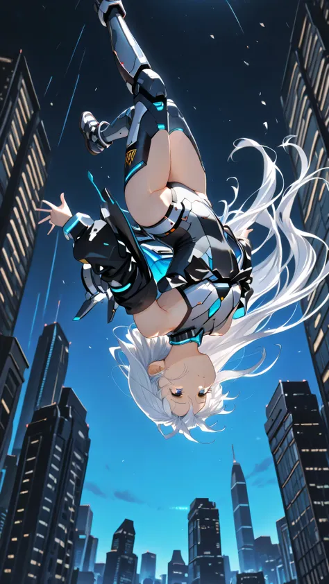 upside-down, backflip,masterpiece, high resolution, an anime girl, armored girl, cute face, detailed face, very long hair, white hair, blue eyes, from below, low angle, from side, skydiving, upside-down, dynamic angle, dynamic action, ((falling down a skys...