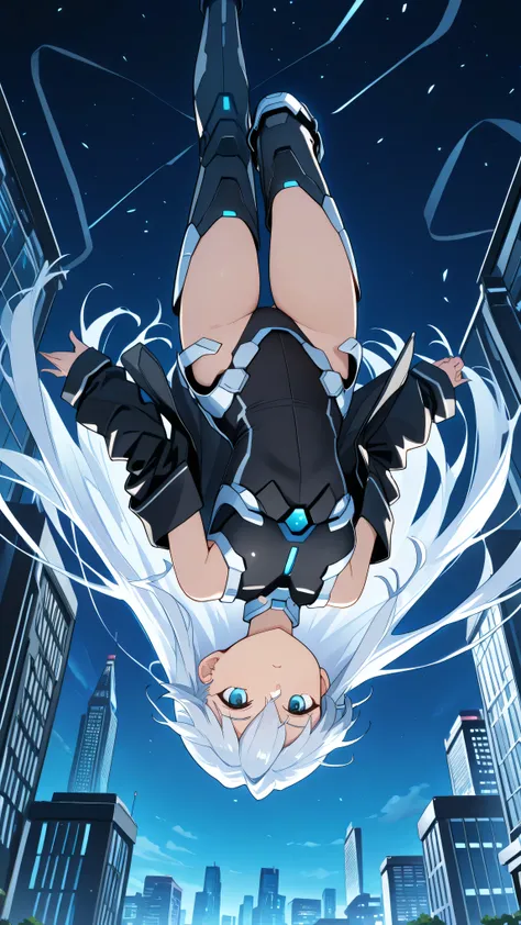 upside-down, backflip,masterpiece, high resolution, an anime girl, armored girl, cute face, detailed face, very long hair, white hair, blue eyes, from below, low angle, skydiving, upside-down, dynamic angle, dynamic action, ((falling down a skyscraper)), f...