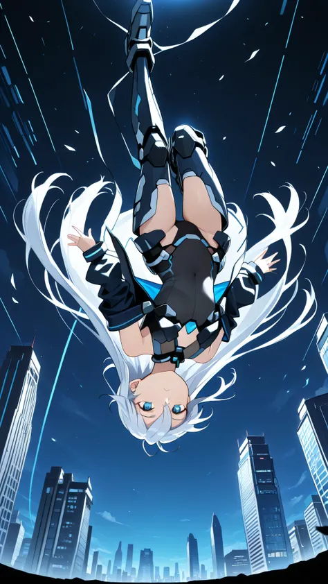 upside-down, backflip,masterpiece, high resolution, an anime girl, armored girl, cute face, detailed face, very long hair, white hair, blue eyes, from below, low angle, skydiving, upside-down, dynamic angle, dynamic action, ((falling down a skyscraper)), f...