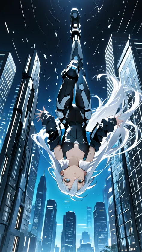 upside-down, backflip,masterpiece, high resolution, an anime girl, armored girl, cute face, detailed face, very long hair, white hair, blue eyes, from below, low angle, skydiving, upside-down, dynamic angle, dynamic action, ((falling down a skyscraper)), f...
