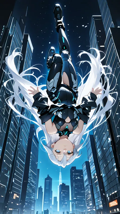 upside-down, backflip,masterpiece, high resolution, an anime girl, armored girl, cute face, detailed face, very long hair, white hair, blue eyes, from below, low angle, skydiving, upside-down, dynamic angle, dynamic action, ((falling down a skyscraper)), f...