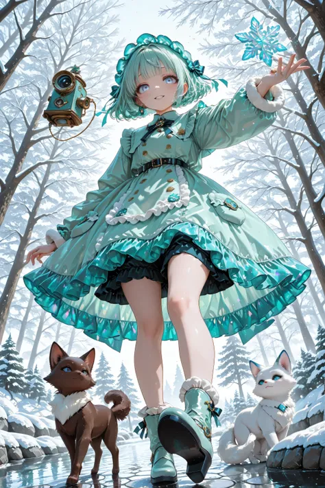 two little girls,
girl1: mint-green twin-tails, big chocolate eyes, mint-lolita coat
girl2: icy-mint short hair, pale blue eyes, snowflake lolita
pet: mint-fox pup jumping
creating floating mint-candy tiles like stepping stones
camera: low angle from below...