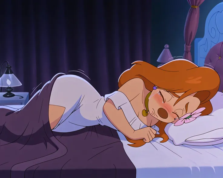 1girl, roxanne,  furry female, white dress, lying on bed, hair flower, gold choker, lying on side, underneath covers, shy, fear, scared expression, sad, tears, blushing, eyes closed, crying, shivering, king size bed, huge bed, dark bedroom, dimly lit room,...