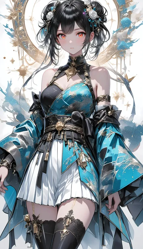 wearing turquoise blue and silver hybrid kimono-china dress, mixed stardust and dragon embroidery, layered under black satin capless bra, kimono sleeves with mandarin collar, tassel accessories, bare shoulder, thin obi belt with braided cords, 1.2::large f...