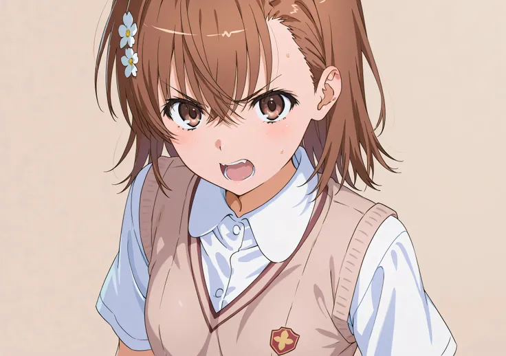 (((misaka miloto)))、hair flower、small breasts、1 girl、from front、white shirt、short sleeves、sweater vest、tokiwadai school uniform、open mouth、angry、glare、indoor、brown wall、simple background、face focus、arms at sides