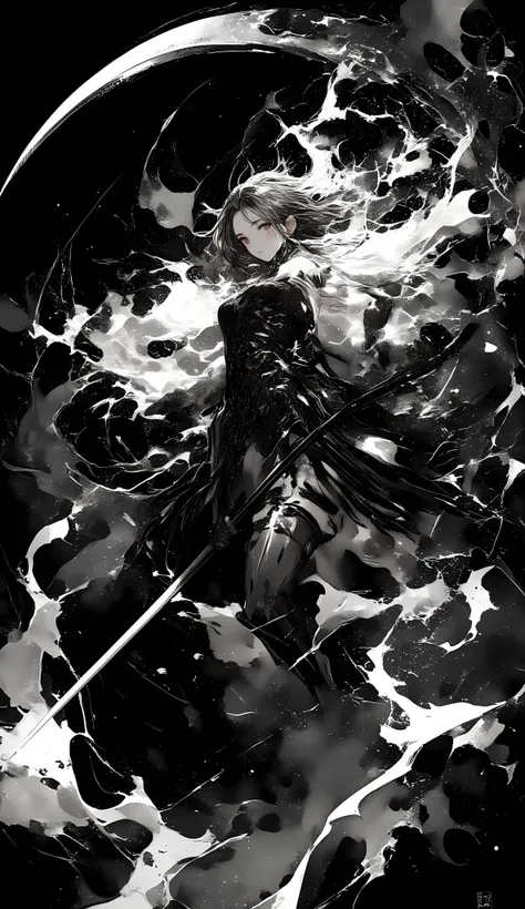 black、black、black、blackい背景に墨絵、blackい線画、High Quality、high image quality、流れるblack、cross hatching、A female adventurer who rips away a large scythe、motion blur