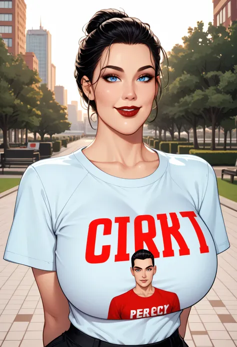 (Perfect Face, Perfect Body), Black Hair, (Hair Bun, Hair Up, Slicked Back Hair), (Forehead), Black Thin Eyebrows, Light Blue Eyes, Nose, Lips, Dark Red Lips, Big Smile, Collarbone, (Huge Breasts, Perfect Breasts), (Lonely Moon A Glimpse of Solitude T-Shir...