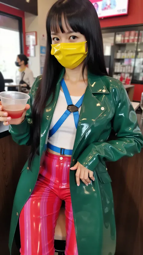 A 35 year old thin woman of Asian descent sits at a bar with a drink in her hand, wearing blue rubber boots, wearing bright polished red and pink striped latex jeans, wearing a heavy green ltxtrenchcoat wearing a shiny polished yellow face mask, a white la...