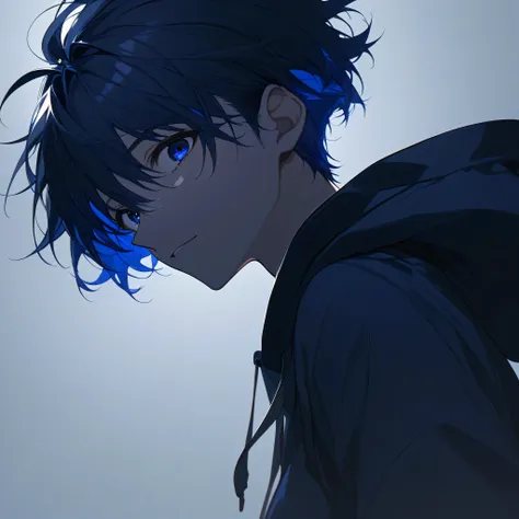 masterpiece、best quality、high resolution、8k、16k、male、Alone、 black eyes、dark eyes、bust up、medium hair、hair length up to shoulders、2 color hair、 black hair、Blue Hair、black hoodie、background dark blue、be happy、look up from below、waist up、background dark blue、...