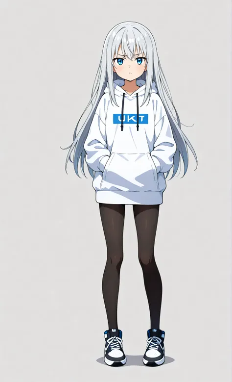 girl,gray hair long hair,Blue Eyes,Full Body,facing the front,anime style,no background,Tsundere,black tights,white hoodie,Legs closed,Hands in hoodie pockets
