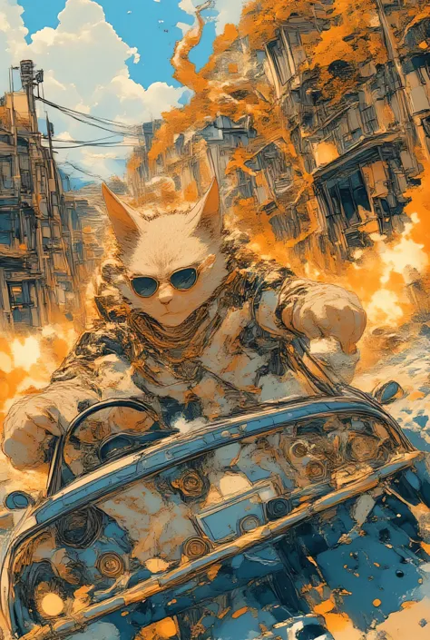 hkgod 、ArsMJStyle, Zen Ink Wash Sumi-e, cat monster driving a corvette convertible、cat monster wearing sunglasses and a Hawaiian shirt、convertible car that explodes on country roads、angled from above、Cat monster driving with one hand holding the steering ...